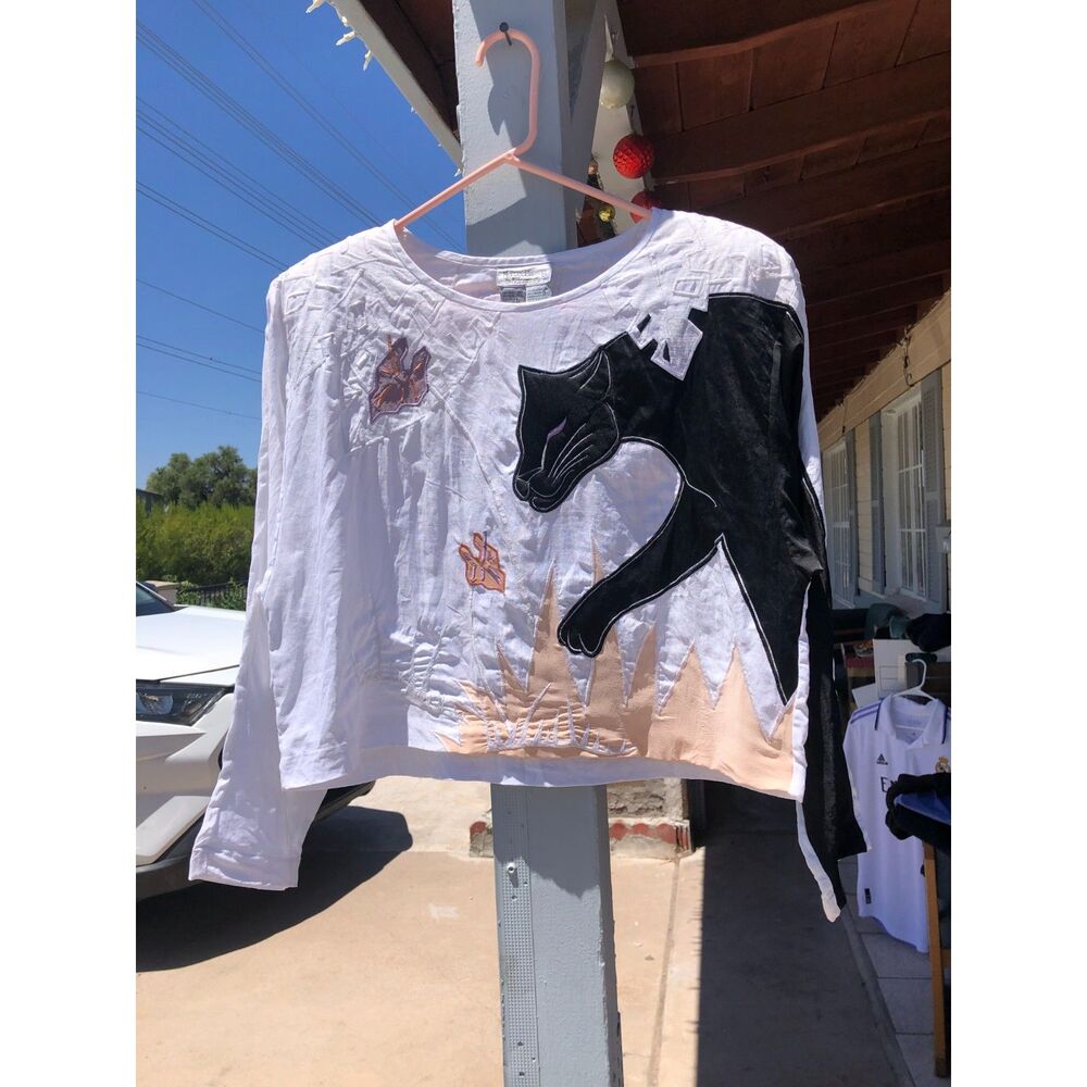 Vtg 87' Mercedes Adrienne Patchwork Embroidered Linen Panther Wearable Art Top 4